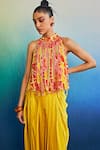 Buy_DiyaRajvvir_Yellow Georgette And Modal Print Floral Halter Neck Broken Top With Skirt _Online_at_Aza_Fashions