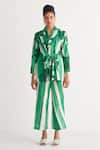 Buy_Shivani Bhargava_Green Cotton Linen Digital Printed Woven Shawl Lapel Striped Tunic And Pant Set _at_Aza_Fashions