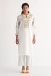 Buy_Shivani Bhargava_Ivory Pure Cotton Embroidered Woven Notched Melange Kurta And Pant Set _at_Aza_Fashions