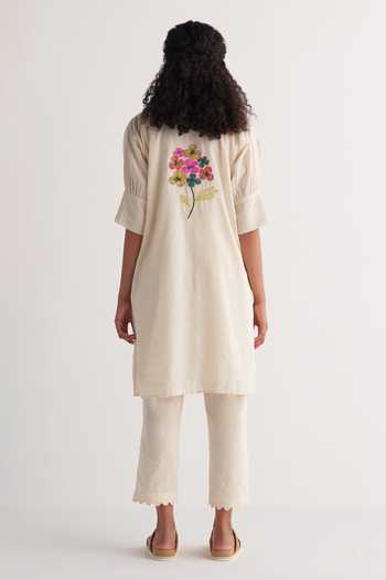 Shop_Shivani Bhargava_Ivory Cotton Embroidery Collared Kurta And Pant Set _at_Aza_Fashions