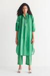 Buy_Shivani Bhargava_Green Cotton, Linen Mandarin Collar Striped Print Dress _at_Aza_Fashions
