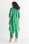 Shop_Shivani Bhargava_Green Cotton, Linen Mandarin Collar Striped Print Dress _at_Aza_Fashions