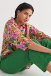 Buy_Shivani Bhargava_Multi Color Cotton Collared Gardenia Floral Print Shirt And Green Pant Set 