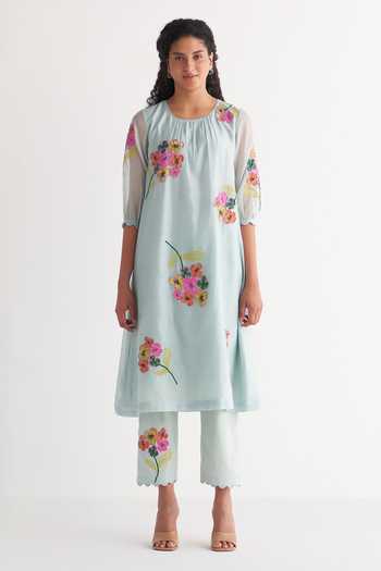 Buy_Shivani Bhargava_Blue Chanderi, Cotton Embroidery Round Neck Woven Kurta And Pant Set _at_Aza_Fashions