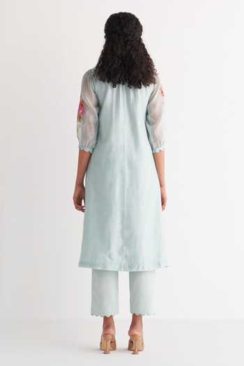 Shop_Shivani Bhargava_Blue Chanderi, Cotton Embroidery Round Neck Woven Kurta And Pant Set _at_Aza_Fashions