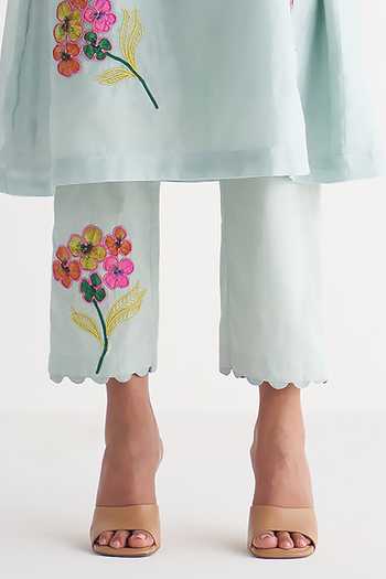 Shivani Bhargava_Blue Chanderi, Cotton Embroidery Round Neck Woven Kurta And Pant Set _at_Aza_Fashions