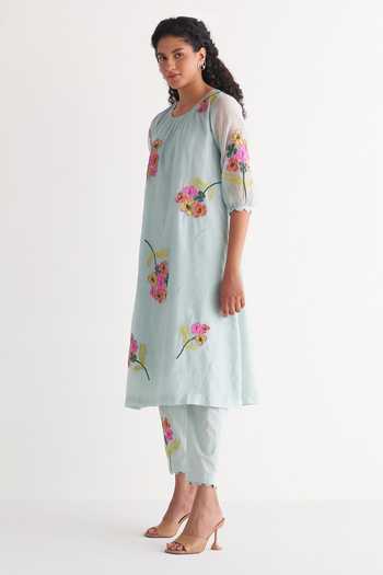 Buy_Shivani Bhargava_Blue Chanderi, Cotton Embroidery Round Neck Woven Kurta And Pant Set 