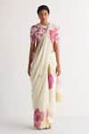 Buy_Shivani Bhargava_Ivory Cotton Linen Print Floral Round Neck Hand Drawn Pattern Saree With Blouse _at_Aza_Fashions