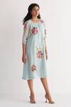 Buy_Shivani Bhargava_Blue Chanderi Applique Round Neck Floral Bunch Dress _at_Aza_Fashions