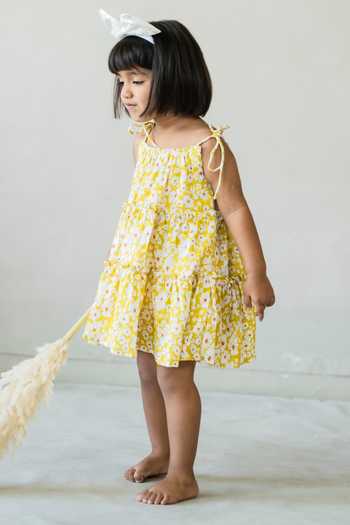 Shop_JILMIL DREAMWEAR_Yellow Rayon Floral Print Dress _at_Aza_Fashions