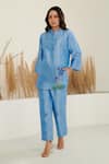 Shop_Flamingo the label_Blue Silk Placement Embroidery Flower Chinese Collar Shirt With Pant _at_Aza_Fashions