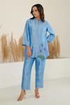 Flamingo the label_Blue Silk Placement Embroidery Flower Chinese Collar Shirt With Pant _Online_at_Aza_Fashions