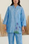 Buy_Flamingo the label_Blue Silk Placement Embroidery Flower Chinese Collar Shirt With Pant _Online_at_Aza_Fashions