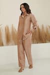 Label Flamingo By Vrinda_Brown Silk Collared Color Block Shirt With Pant _Online_at_Aza_Fashions