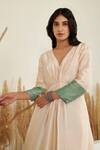 Flamingo the label_Ivory Silk Plain V Neck Color Block Kaftan _at_Aza_Fashions