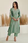 Buy_Flamingo the label_Green Silk Placement Embroidery Pearl Notched Neck Hand Kurta With Pant_at_Aza_Fashions