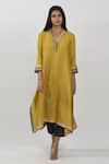 Buy_Krishna Mehta_Yellow Modal V Neck Asymmetric Block Print Tunic _at_Aza_Fashions