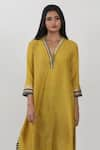 Shop_Krishna Mehta_Yellow Modal V Neck Asymmetric Block Print Tunic _at_Aza_Fashions