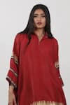 Shop_Krishna Mehta_Red Modal Shirt Collar Block Print Cape Tunic _at_Aza_Fashions