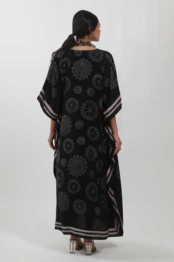 Krishna Mehta_Black Modal Embroidery V-neck Block Print Kaftan _Online_at_Aza_Fashions