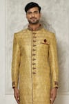 Aryavir Malhotra_Gold Sherwani Jamewar Woven Brocade Floral Pattern With Churidar _Online_at_Aza_Fashions