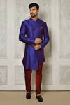 Buy_Aryavir Malhotra_Blue Sherwani Mulberry Plain Asymmetric Hem With Churidar _at_Aza_Fashions