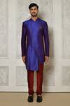 Shop_Aryavir Malhotra_Blue Sherwani Mulberry Plain Asymmetric Hem With Churidar _Online_at_Aza_Fashions