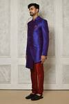 Aryavir Malhotra_Blue Sherwani Mulberry Plain Asymmetric Hem With Churidar _at_Aza_Fashions