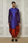 Aryavir Malhotra_Blue Sherwani Mulberry Plain Asymmetric Hem With Dhoti Pant _Online_at_Aza_Fashions