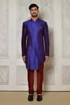 Aryavir Malhotra_Blue Sherwani Mulberry Plain Asymmetric Hem _Online_at_Aza_Fashions