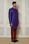 Shop_Aryavir Malhotra_Blue Sherwani Mulberry Plain Asymmetric Hem _Online_at_Aza_Fashions