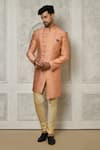 Buy_Aryavir Malhotra_Peach Sherwani Jaquard Woven Leaf Vine Intertwined With Churidar _at_Aza_Fashions