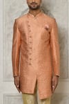 Shop_Aryavir Malhotra_Peach Sherwani Jaquard Woven Leaf Vine Intertwined With Churidar _Online_at_Aza_Fashions