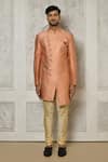 Aryavir Malhotra_Peach Sherwani Jaquard Woven Leaf Vine Intertwined With Churidar _at_Aza_Fashions