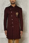 Aryavir Malhotra_Maroon Sherwani Jaquard Woven Floral Mandala Pattern With Churidar _Online_at_Aza_Fashions