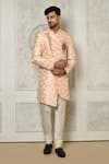 Buy_Aryavir Malhotra_Peach Sherwani Jaquard Woven Floral Bloom Pattern With Churidar _at_Aza_Fashions