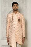 Buy_Aryavir Malhotra_Peach Sherwani Jaquard Woven Floral Bloom Pattern With Churidar _Online_at_Aza_Fashions