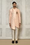 Shop_Aryavir Malhotra_Peach Sherwani Jaquard Woven Floral Bloom Pattern With Churidar _Online_at_Aza_Fashions