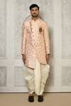 Shop_Aryavir Malhotra_Peach Sherwani Jaquard Woven Floral Bloom Pattern With Dhoti Pant _Online_at_Aza_Fashions