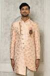 Aryavir Malhotra_Peach Sherwani Jaquard Woven Floral Bloom Pattern _Online_at_Aza_Fashions