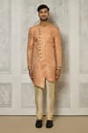 Shop_Aryavir Malhotra_Peach Sherwani Jaquard Woven Mandala Butti Pattern With Churidar _Online_at_Aza_Fashions