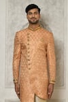 Aryavir Malhotra_Peach Sherwani Jaquard Woven Mandala Butti Pattern _Online_at_Aza_Fashions