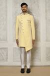 Buy_Aryavir Malhotra_Yellow Sherwani Jaquard Embroidery Leaf Vine With Churidar _Online_at_Aza_Fashions