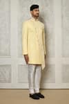 Aryavir Malhotra_Yellow Sherwani Jaquard Embroidery Leaf Vine With Churidar _at_Aza_Fashions