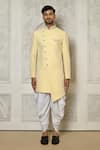 Aryavir Malhotra_Yellow Sherwani Jaquard Embroidery Leaf Vine With Dhoti Pant _Online_at_Aza_Fashions