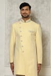 Aryavir Malhotra_Yellow Sherwani Jaquard Embroidery Leaf Vine  _Online_at_Aza_Fashions