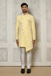 Buy_Aryavir Malhotra_Yellow Sherwani Jaquard Embroidery Leaf Vine  _Online_at_Aza_Fashions