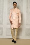 Buy_Aryavir Malhotra_Peach Tuxedo Satin Woven Swirl Pattern Sherwani With Churidar _at_Aza_Fashions