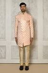 Buy_Aryavir Malhotra_Peach Tuxedo Satin Woven Swirl Pattern Sherwani With Churidar _Online_at_Aza_Fashions