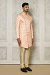 Aryavir Malhotra_Peach Tuxedo Satin Woven Swirl Pattern Sherwani With Churidar _at_Aza_Fashions